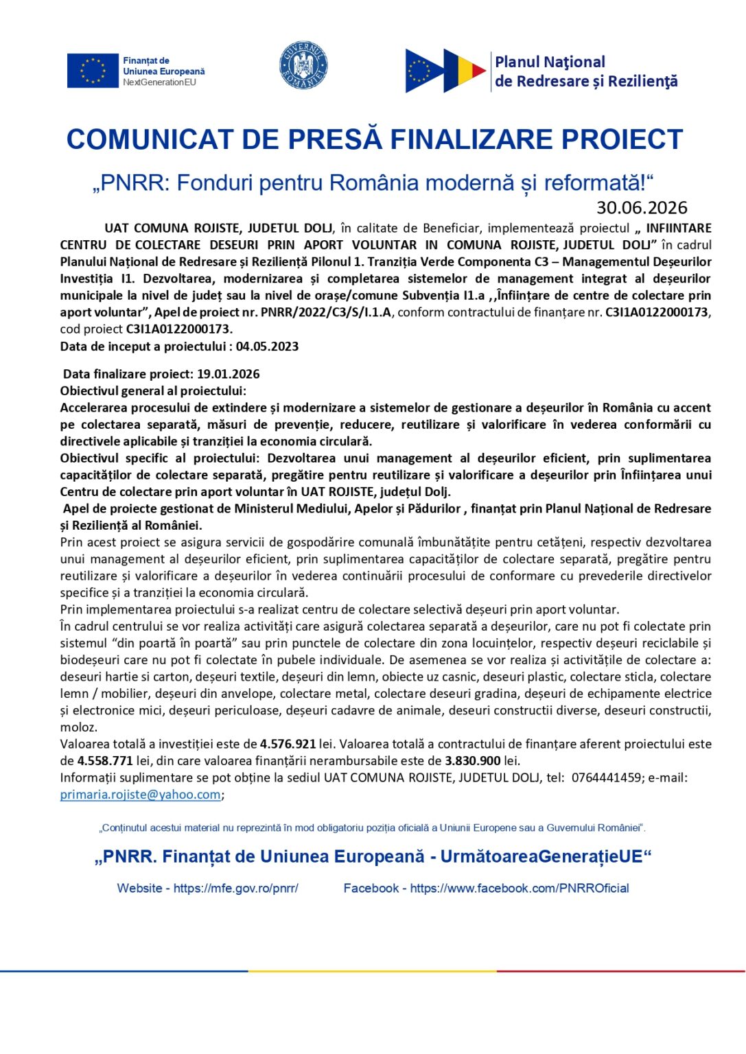 Official press release header with EU logos and Romanian government seals, announcing project completion of a funded program.