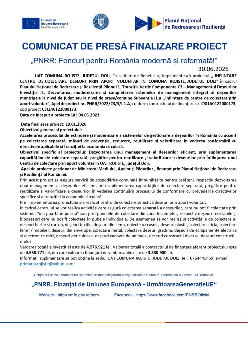 Official press release header with EU logos and Romanian government seals, announcing project completion of a funded program.