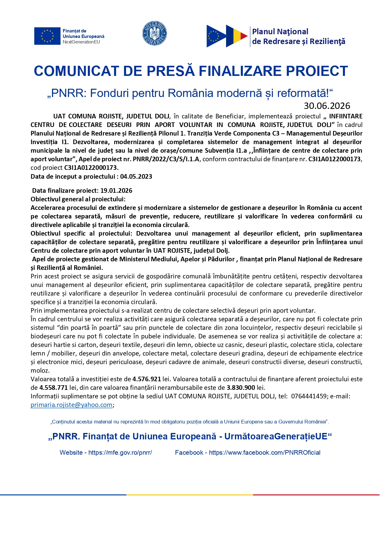 Official press release header with EU logos and Romanian government seals, announcing project completion of a funded program.