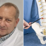 Left: a doctor in a white coat in a clinic; right: a medical trainer pointing at a model of a human spine and pelvis with vertebrae and nerves showing support structures
