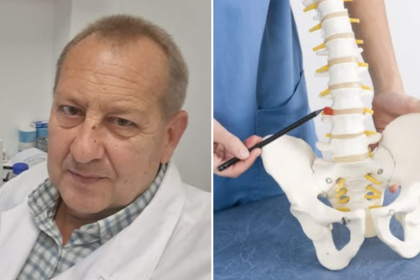 Left: a doctor in a white coat in a clinic; right: a medical trainer pointing at a model of a human spine and pelvis with vertebrae and nerves showing support structures