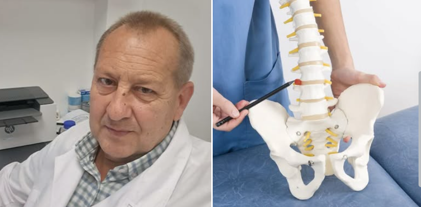 Left: a doctor in a white coat in a clinic; right: a medical trainer pointing at a model of a human spine and pelvis with vertebrae and nerves showing support structures