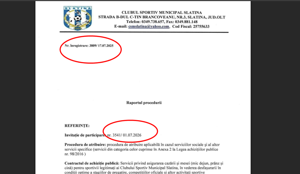 Official document header with club logo and contact details; two red-circled numbers show registration and participation invitations (Nr. înregistrare: 3809/17.07.2025; Invitație de participare nr. 3541/01.07.2026).