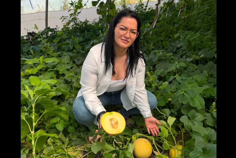 Woman kneeling in a melon patch, presenting a halved cantaloupe with a whole melon nearby to the camera.