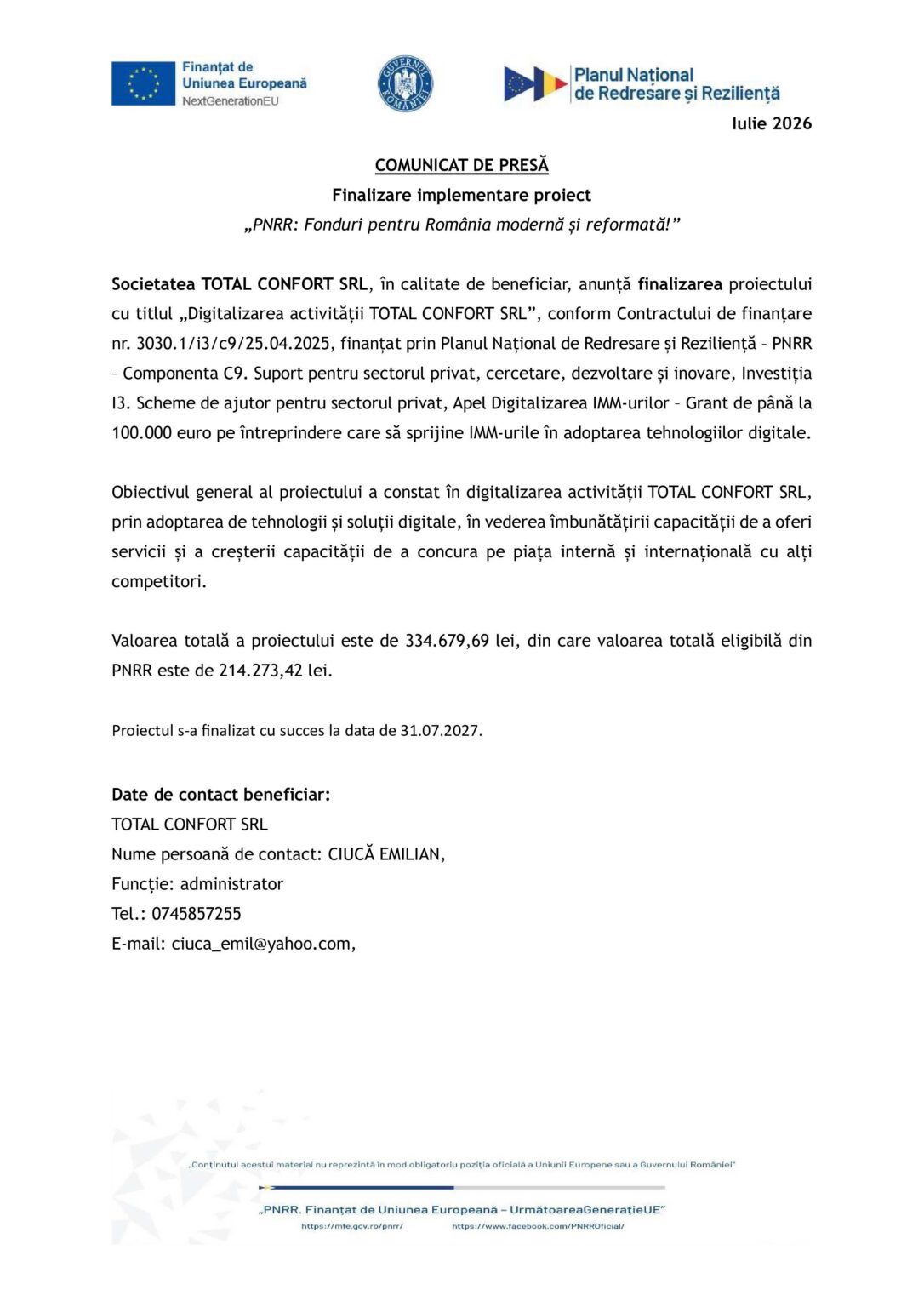 TOTAL_CONFORT_comunicat_finalizare proiect - Jurnalul Olteniei – Știri din Craiova și Oltenia Romanian government press release document header with logos and bold title 'COMUNICAT DE PRESĂ' detailing the finalization of a project called 'PNRR: Fonduri pentru România modernă și reformată'