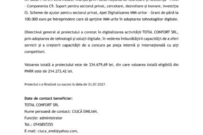 Romanian government press release document header with logos and bold title 'COMUNICAT DE PRESĂ' detailing the finalization of a project called 'PNRR: Fonduri pentru România modernă și reformată'