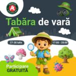 Poster for a free kids' summer camp: dark background with a cheerful explorer, logo, butterflies, mushrooms, and trees; dates 27–30 July, 17:00–20:00; 'Participare GRATUITĂ' text.
