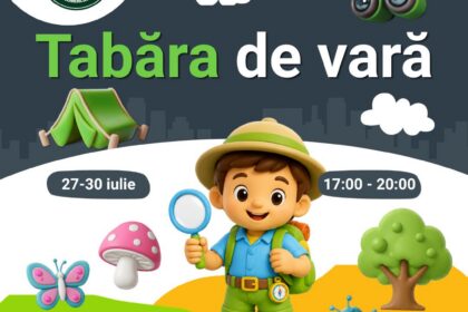 Poster for a free kids' summer camp: dark background with a cheerful explorer, logo, butterflies, mushrooms, and trees; dates 27–30 July, 17:00–20:00; 'Participare GRATUITĂ' text.