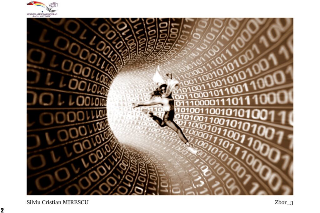 A dancer leaping through a tunnel of swirling binary digits (0s and 1s) in a sepia tone, creating a sense of digital motion.