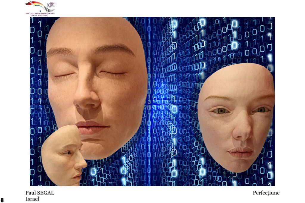Three pale clay busts of a bald woman with closed eyes, two large and one small in a diagonal arrangement, set against a blue binary-code background.