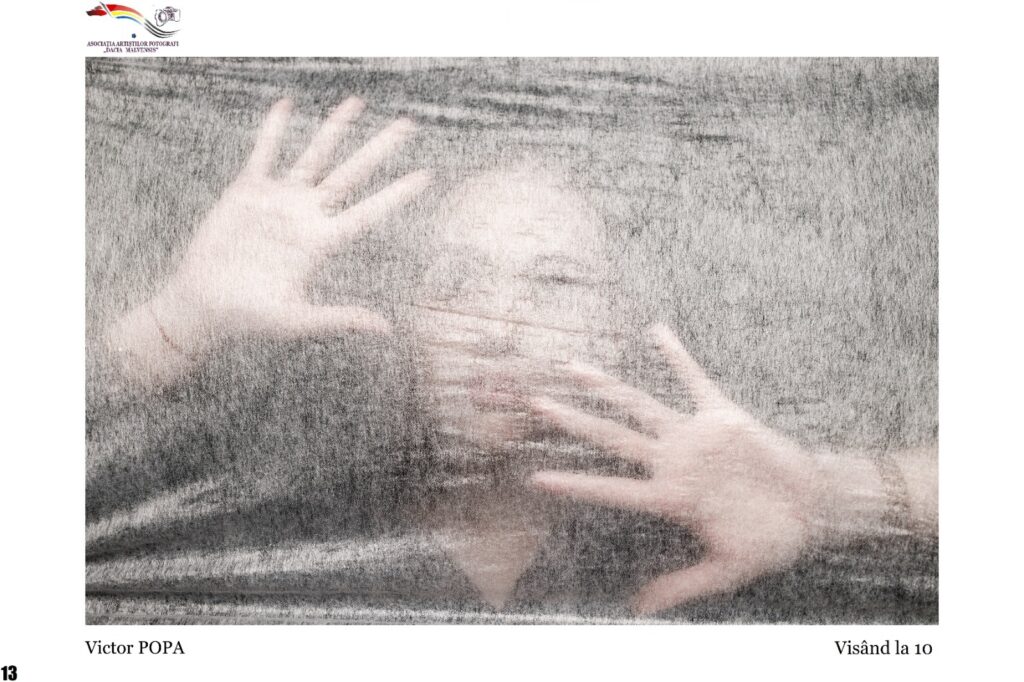 Two hands pressed against a frosted glass surface, creating a blurred, textured silhouette; a logo sits at the top left with captions 'Victor POPA' and 'Visând la 10' at the bottom.
