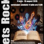 Poster for a rock-themed photo exhibit at Muzeul Cărții și Exilului Românesc Craiova, July 11 – August 18, 2026; neon guitar, microphone, vinyl records and an open book.