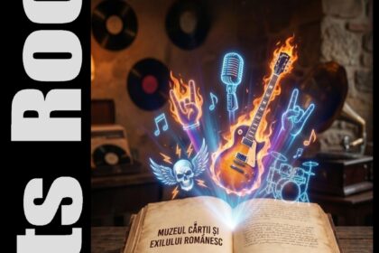 Poster for a rock-themed photo exhibit at Muzeul Cărții și Exilului Românesc Craiova, July 11 – August 18, 2026; neon guitar, microphone, vinyl records and an open book.
