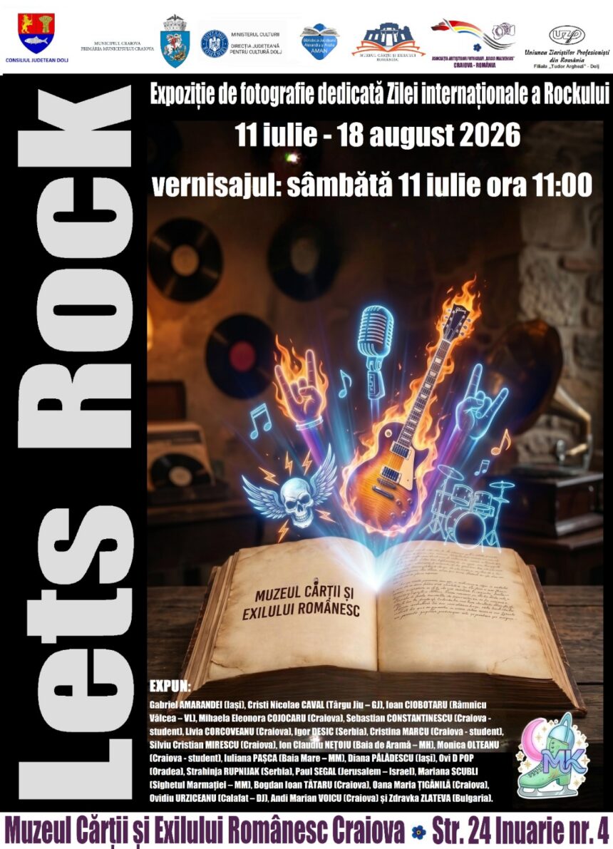 Poster for a rock-themed photo exhibit at Muzeul Cărții și Exilului Românesc Craiova, July 11 – August 18, 2026; neon guitar, microphone, vinyl records and an open book.