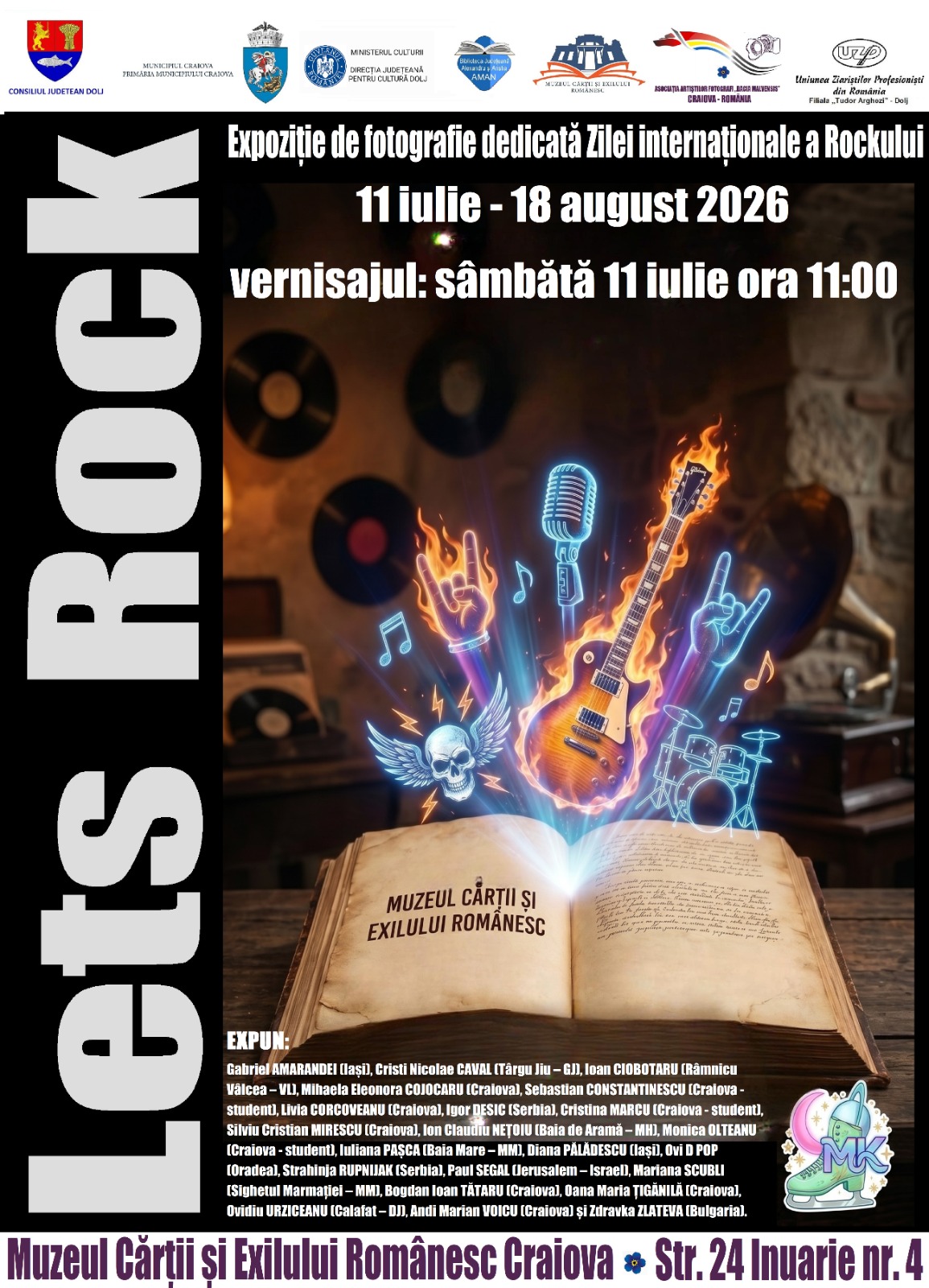 Poster for a rock-themed photo exhibit at Muzeul Cărții și Exilului Românesc Craiova, July 11 – August 18, 2026; neon guitar, microphone, vinyl records and an open book.