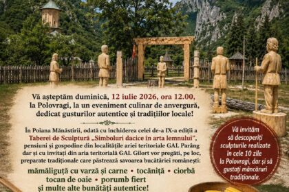 Poster for Simpozion Gastronomic on 12 July 2026 at Comuna Polovragi, Poiana Mănăstirii, featuring traditional Romanian dishes in bowls.