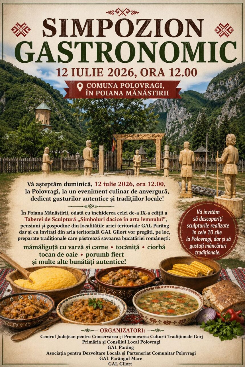 Poster for Simpozion Gastronomic on 12 July 2026 at Comuna Polovragi, Poiana Mănăstirii, featuring traditional Romanian dishes in bowls.