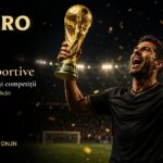 Celebrating soccer player lifts a golden World Cup trophy on a lit stadium with confetti, advertising DON.RO and Romanian text about sports betting.