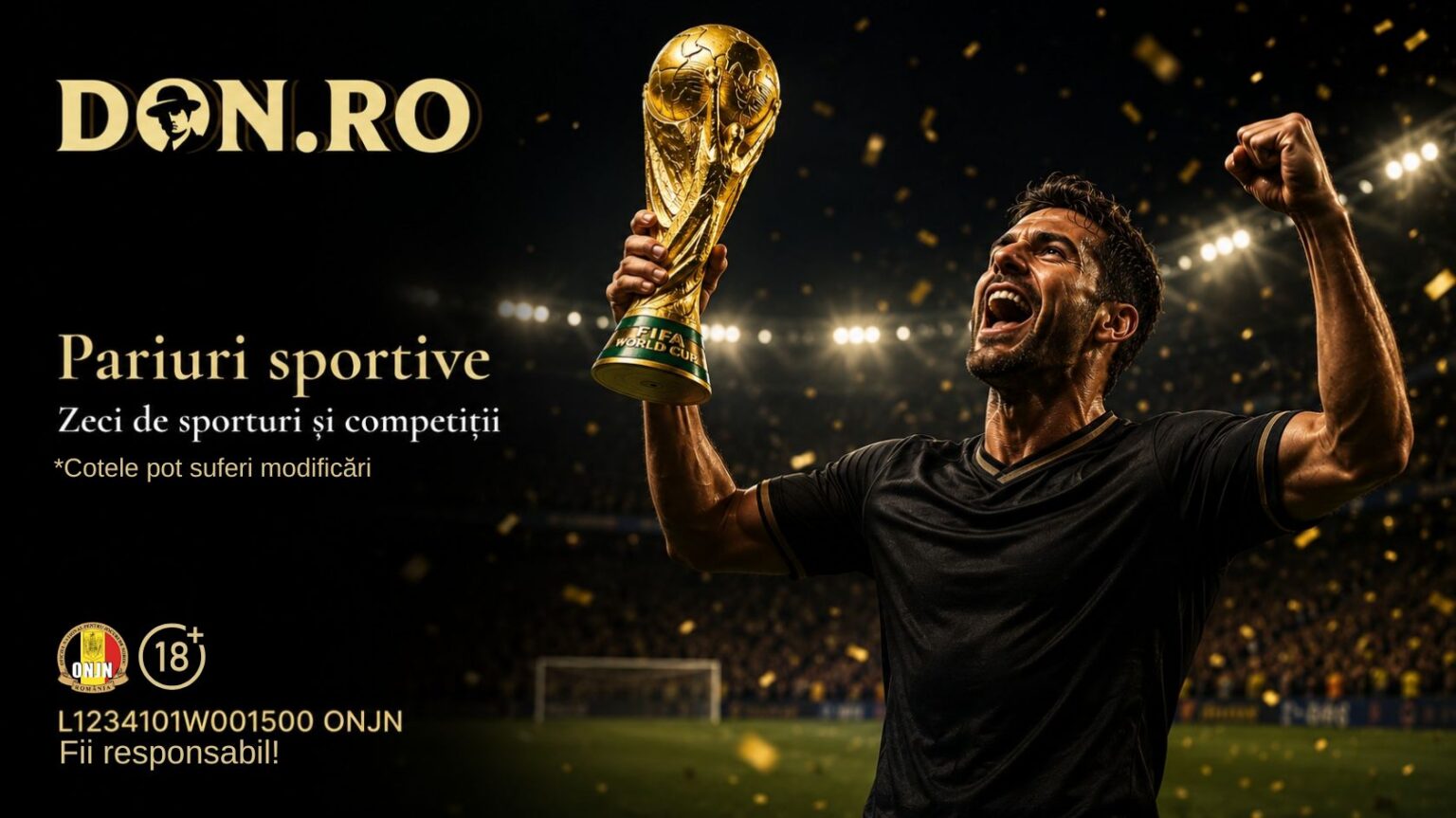 Celebrating soccer player lifts a golden World Cup trophy on a lit stadium with confetti, advertising DON.RO and Romanian text about sports betting.