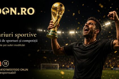 Celebrating soccer player lifts a golden World Cup trophy on a lit stadium with confetti, advertising DON.RO and Romanian text about sports betting.