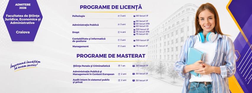 Banner for university degree programs in Craiova; left purple badge, center list of Licență and Masterat programs, right a smiling student with headphones holding notebooks.