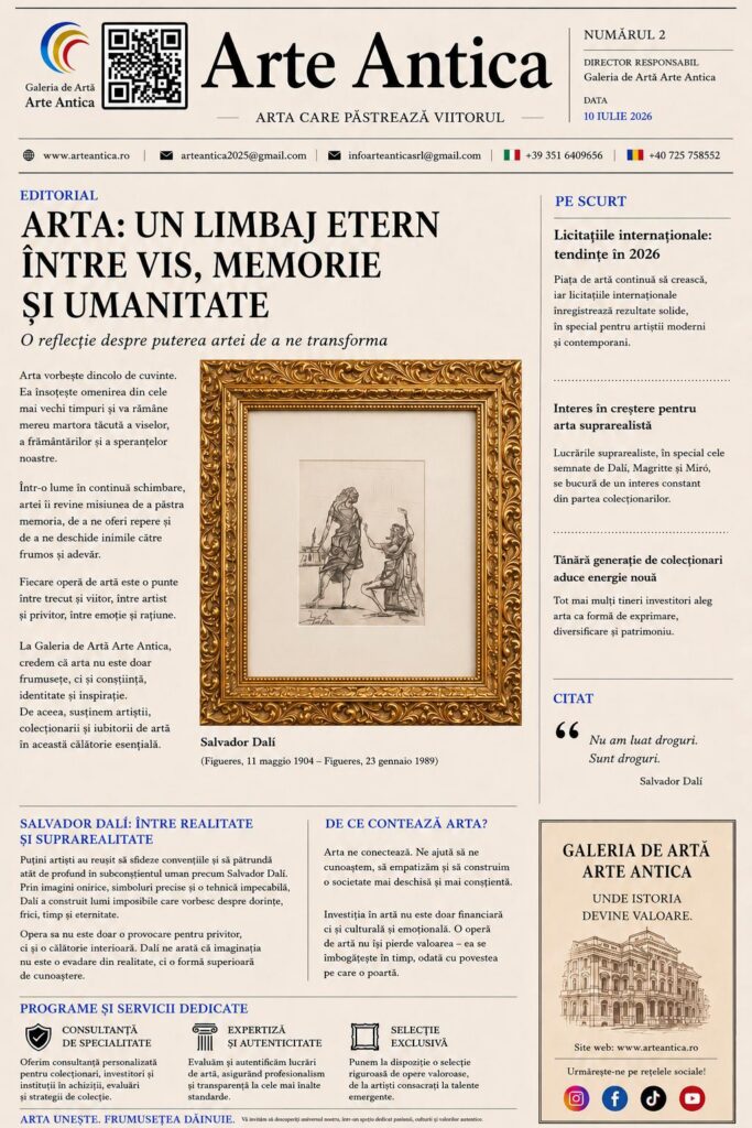 Front page of a newspaper-style art publication titled Arte Antica, with a large Romanian headline, a central framed drawing (Dalí) and a right-hand column of news snippets, all in Romanian.