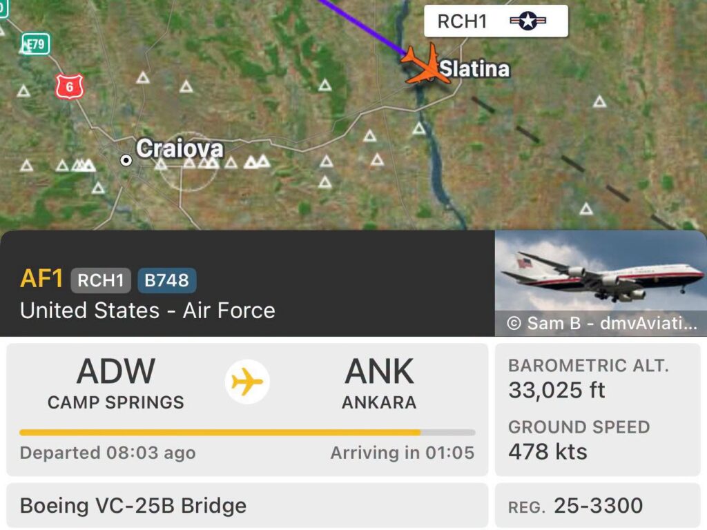 Map screen showing AF1 (RCH1) Boeing VC-25B en route from ADW Camp Springs to ANK Ankara, with route near Craiova and Slatina on the map.