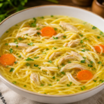 Bowl of chicken noodle soup with shredded chicken, carrot rounds, and parsley in a clear broth on a wooden table