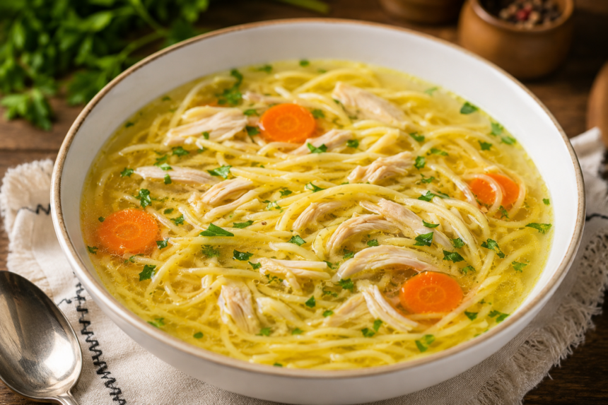 Bowl of chicken noodle soup with shredded chicken, carrot rounds, and parsley in a clear broth on a wooden table
