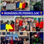 Collage of Romanian robotics team celebrating first place, with flag, robots, trophies, and the banner 'ROMÂNIA PE PRIMUL LOC'.