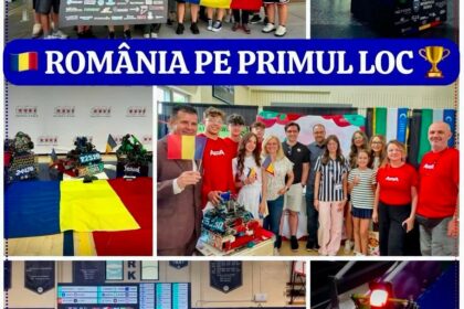 Collage of Romanian robotics team celebrating first place, with flag, robots, trophies, and the banner 'ROMÂNIA PE PRIMUL LOC'.