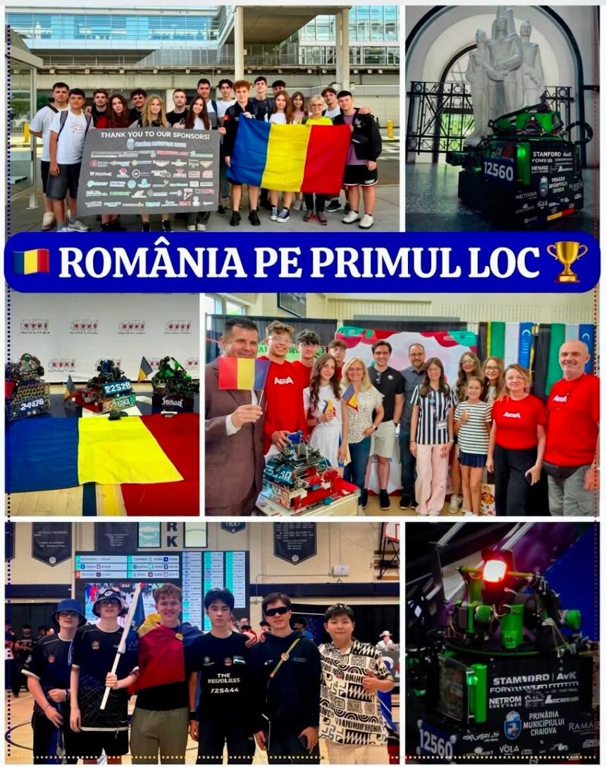 Collage of Romanian robotics team celebrating first place, with flag, robots, trophies, and the banner 'ROMÂNIA PE PRIMUL LOC'.