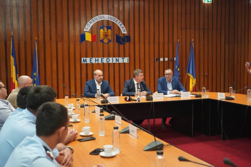 Panel of men in suits seated at a U-shaped conference table in a wood-paneled room, with flags and a 'Mehedinți' sign on the wall behind them, during a formal meeting.