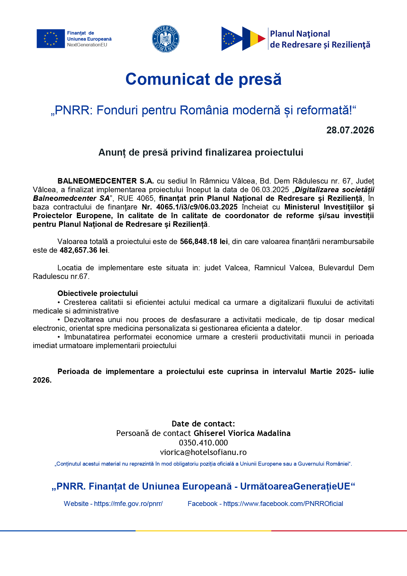 Header with EU and Romanian logos and a press release title 'Comunicat de presă' about PNRR (Romania's modern and reformist fund).