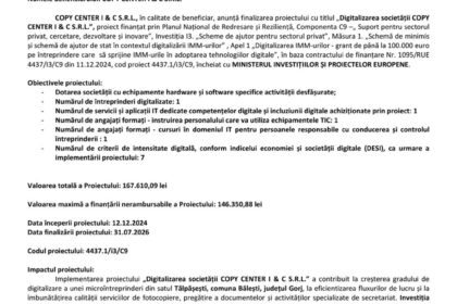 Press release document header with EU, Romania, and Planul National de Redresare logos and project details (Romanian).