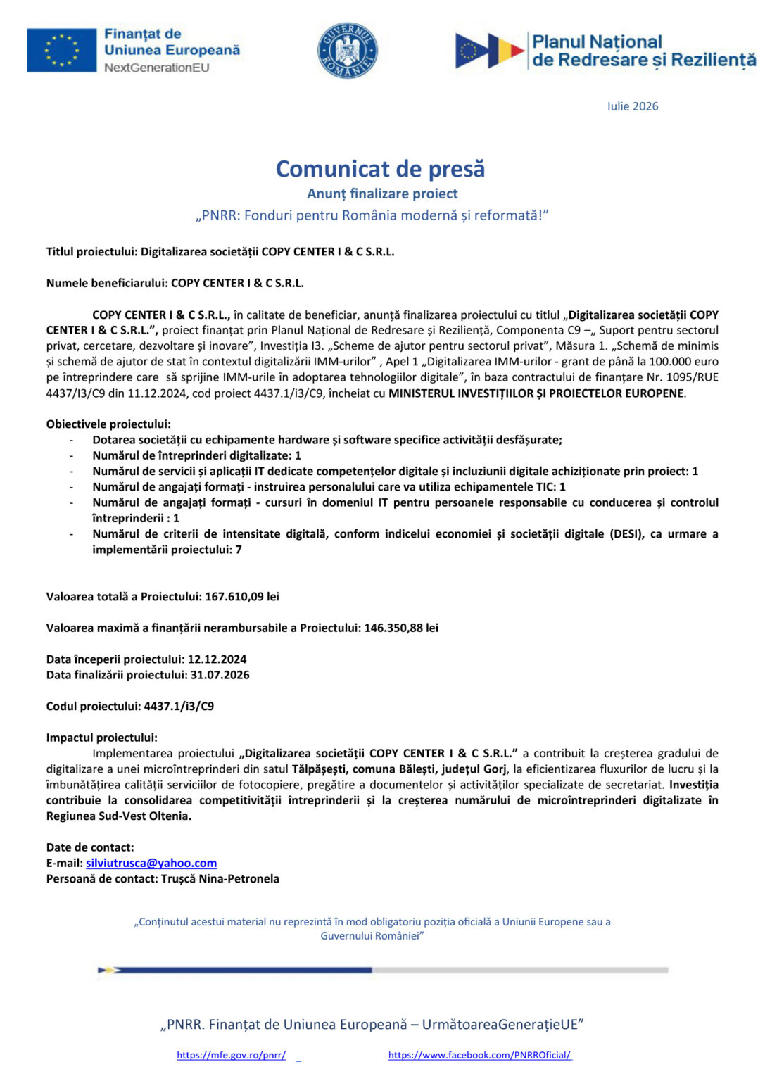 Press release document header with EU, Romania, and Planul National de Redresare logos and project details (Romanian).