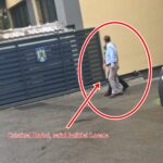 Man in a light blue shirt walks along a street beside a dark metal gate with a white police van nearby; the person is circled by a red outline and arrow and highlighted for emphasis.