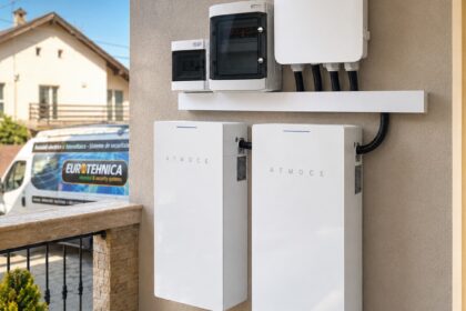 Outdoor wall-mounted ATMOCe electrical cabinets and conduits; a EuroTehnica service van is visible in the background.