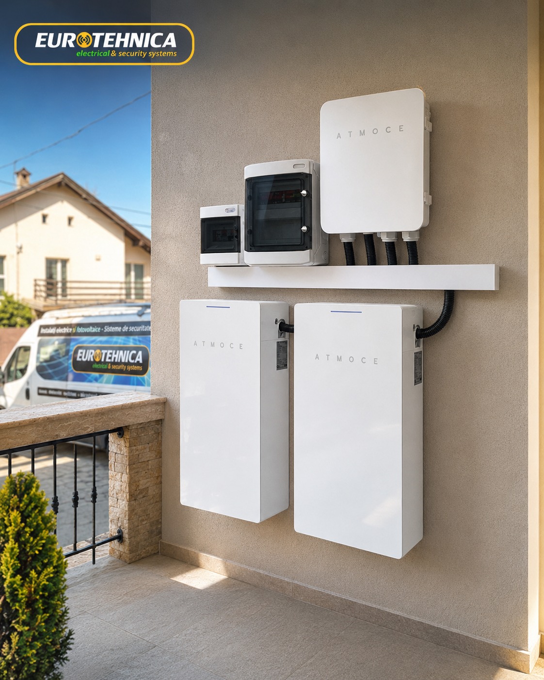 Outdoor wall-mounted ATMOCe electrical cabinets and conduits; a EuroTehnica service van is visible in the background.