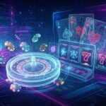 Futuristic neon casino scene with a glowing roulette wheel, poker cards, and a holographic slot machine set against a cyberpunk city backdrop.