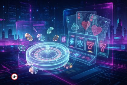 Futuristic neon casino scene with a glowing roulette wheel, poker cards, and a holographic slot machine set against a cyberpunk city backdrop.