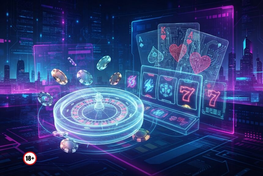 Futuristic neon casino scene with a glowing roulette wheel, poker cards, and a holographic slot machine set against a cyberpunk city backdrop.