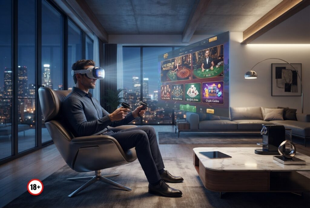 Man wearing a VR headset sits in a modern living room, using controllers while a large wall screen shows a casino game menu with an 18+ label.