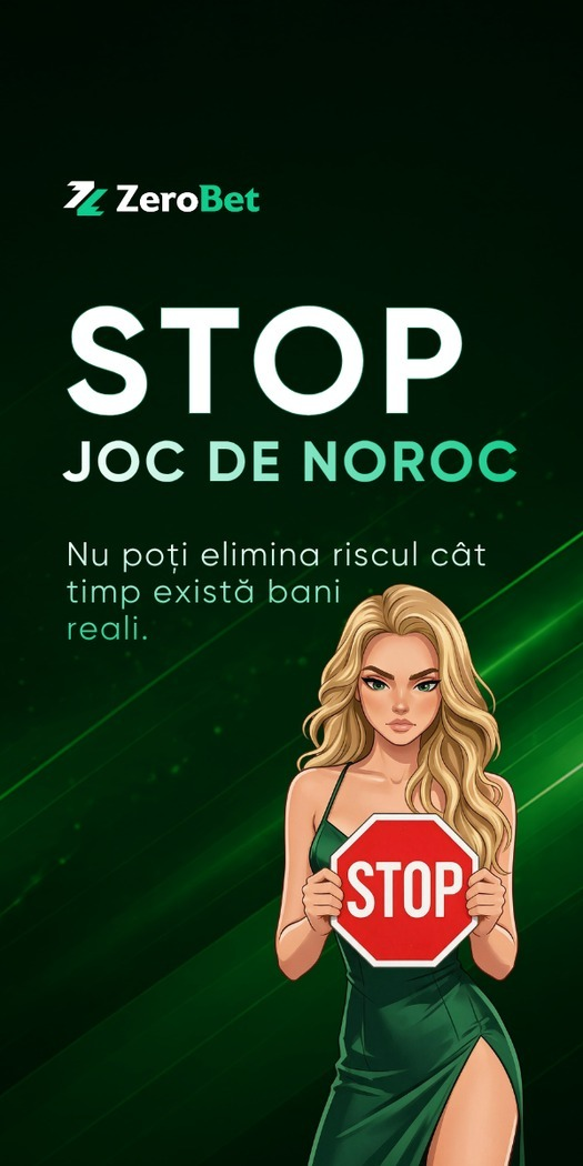 ZeroBet promotional banner with a green gradient; large 'STOP' text, 'JOC DE NOROC' subtitle, Romanian message about gambling risk; an illustrated woman in a green dress holding a red STOP sign.