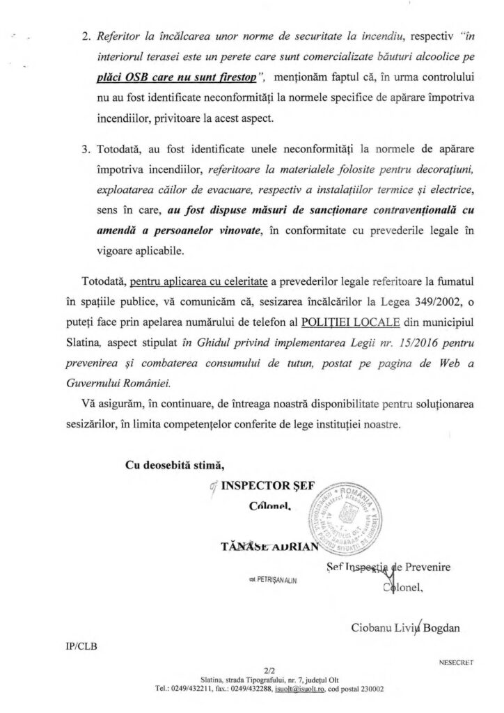 Official Romanian document page showing paragraphs 2–3 about fire safety norms, including references to OSB panels, with a signature block and a circular seal at the bottom.