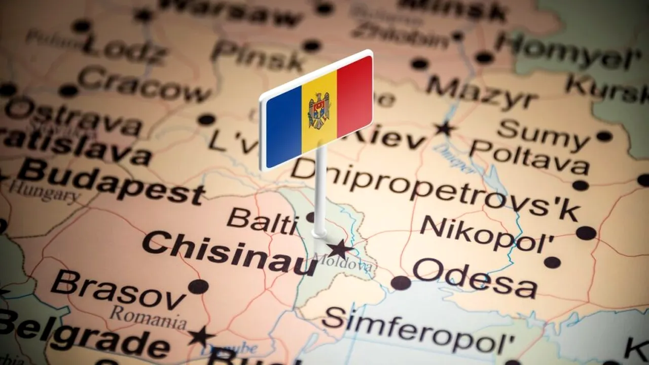 Flag of Moldova pinned on a map over Chișinău, highlighting Moldova's location in Europe.