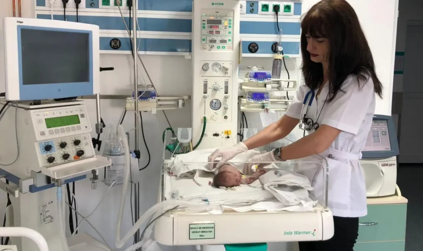 Nurse in a white uniform tending to a newborn in an incubator in a hospital NICU.