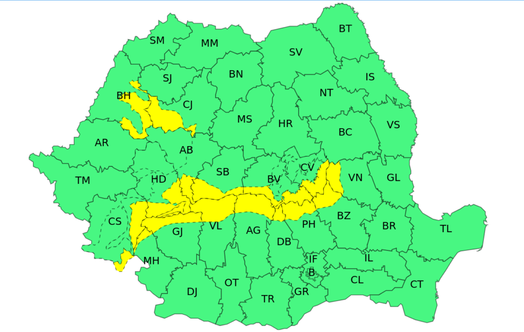 Map of Romania with counties labeled by two-letter codes; most counties are green, a few are highlighted in yellow indicating areas of interest or emphasis (e.g., AB, BH, BV).