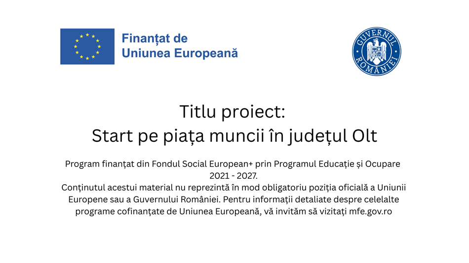 sigla articole SPMO - Jurnalul Olteniei – Știri din Craiova și Oltenia Project title slide with EU flag and Romanian government seal; text reads 'Titlu proiect: Start pe piața muncii în județul Olt' and funding details in Romanian.