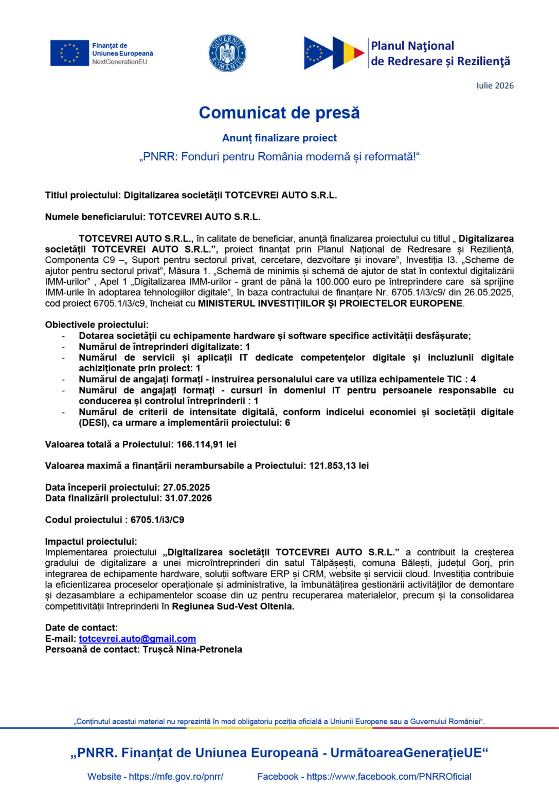 Comunicat de presă oficial pentru proiectul finanțat de UE, cu logo-urile UE, Guvernul României și Planul Național de Redresare (iulie 2026).